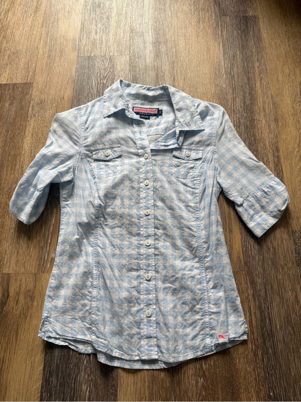 Vineyard Vines Blue Gingham Button Down Shirt Size 2 Preppy Classic